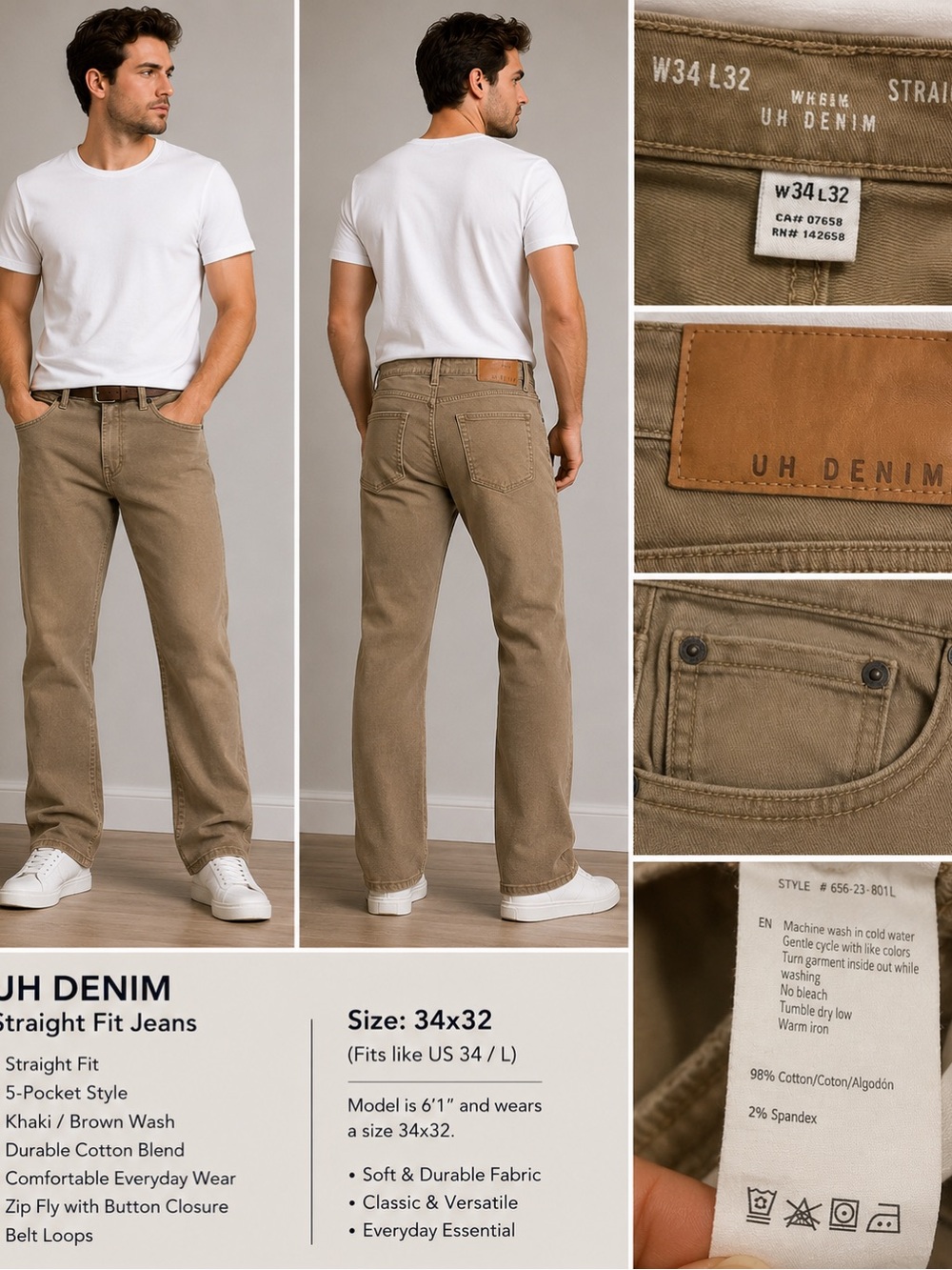 UH Denim Men’s Khaki Straight Fit Jeans W34 L32 Stretch Casual 5-Pocket Pants